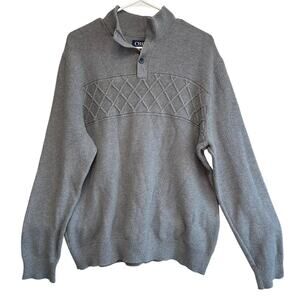 Chaps Mens Gray Pullover Sweater Textured Diamond Knit Mock Neck Buttons Sz XL